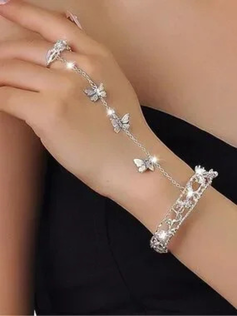 Anthropologie Silver Butterfly Hand Chain Bracelet